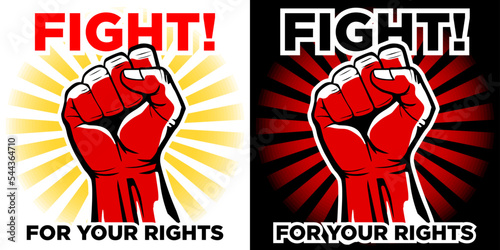 Silhouette of raised clenched protest fist against  backdrop of sun rays. Fight for your rights. Vector propaganda poster in retro style