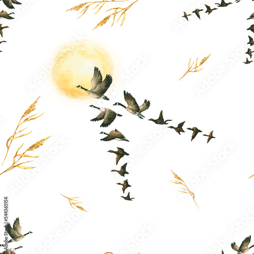 Seamless pattern with watercolor wild geese  sun and spica. Hand drawn illustration is on yellow. Flying birds is perfect for natural design  fabric textile  children s  wallpaper