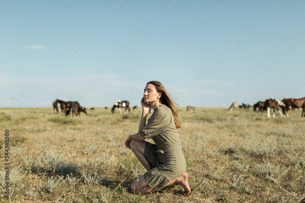 young woman on the background of beautiful horses