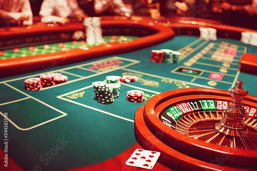 Foto An image of a roulette game taking place on a sleek green table, accompanied by casino chips