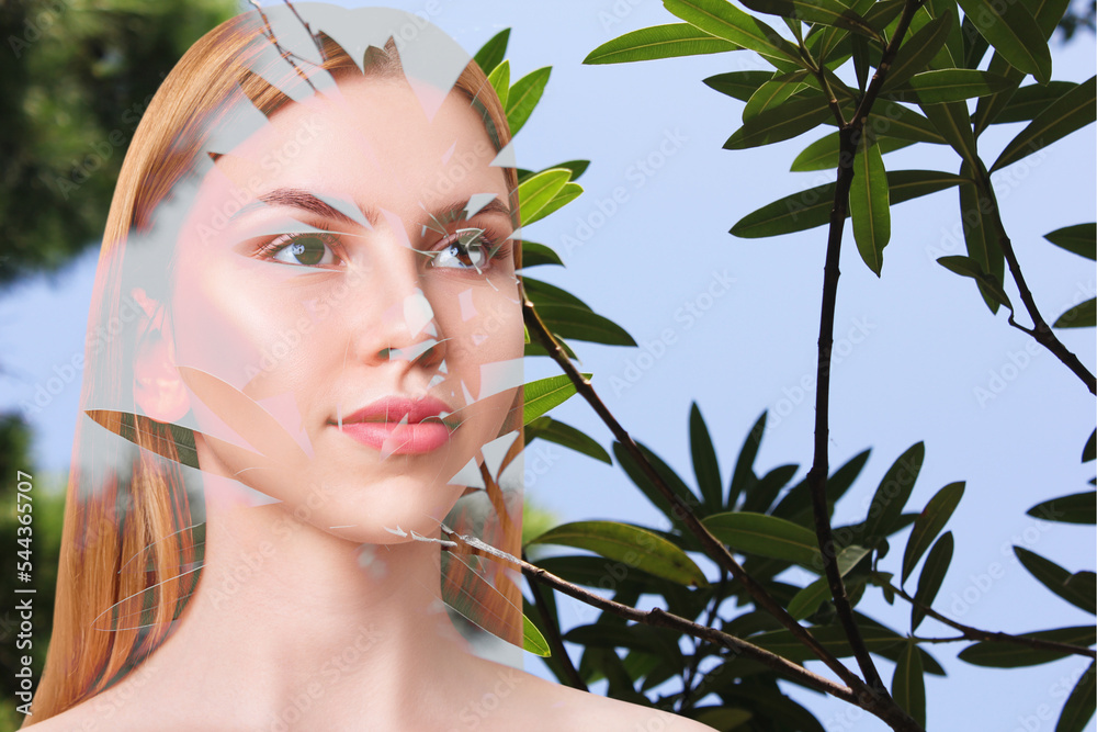 Double exposure portrait of young woman and branches. Double exposure portrait of young woman and branches.