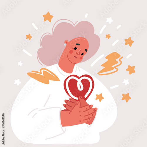 Young woman embraces a big red heart with mindfulness and love. Smiling female character sits in lotos pose with closed eyes and enjoys her freedom and life. Body positive and mental health concept.