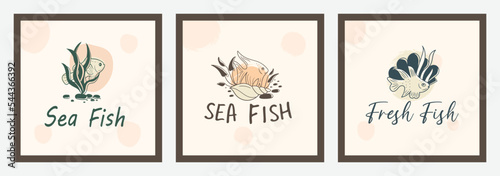 Hand drawn see food or fish logo design collection with underwater ocean elements