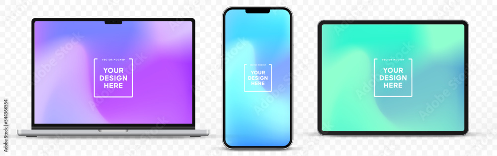 Modern laptop mockup front view and high quality smartphone and tablet mockup isolated on white background. Notebook mockup and phone device mockup for ui ux app and website presentation.Stock Vector. - obrazy, fototapety, plakaty 