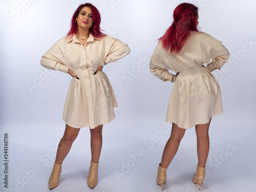 Collage of two photos of a young girl with long brown hair and brown eyes on a white background. She is wearing a short beige dress, high-heeled ankle boots. Full height. A place for advertising.