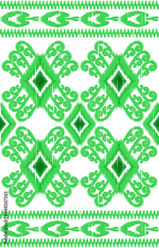 Abstract ethnic ikat fabric illustration. Green and white seamless pattern background. Design for clothing  wrapping  cover  carpet  fabric  textile  scarf  batik  background  wallpaper  illustration.