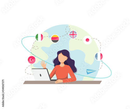 Online education concept language school student flat illustration happy girl learn foreign language world background