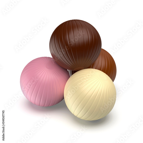 Four different chocolate balls on white background
