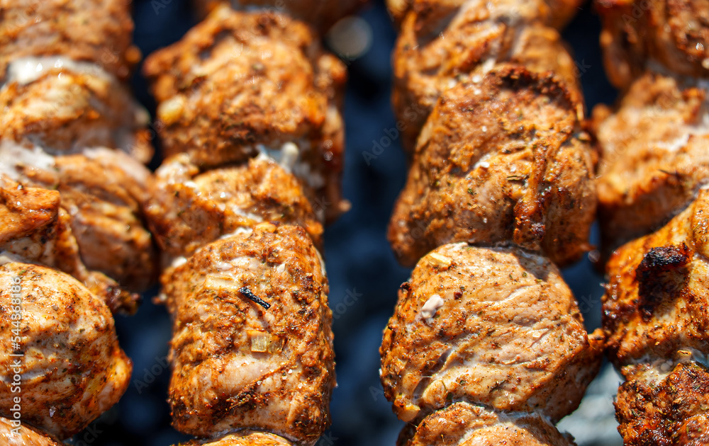 Tasty pork shashlik on the grill. Tasty pork shashlik on the grill.