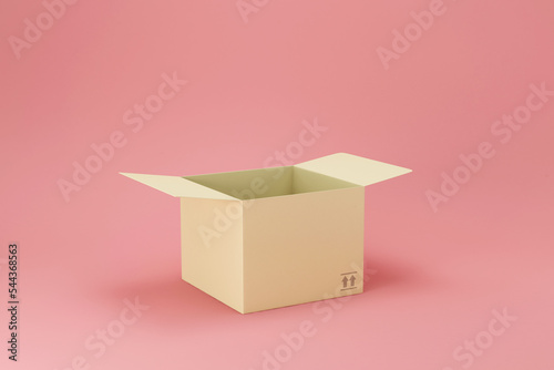Open cardboard box on a pink background with soft shadows, 3D render