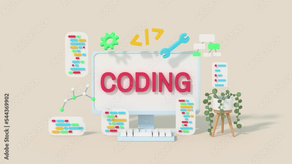 Minimal cartoon style desktop coding concept. 3D render animation Minimal cartoon style desktop coding concept. 3D render animation