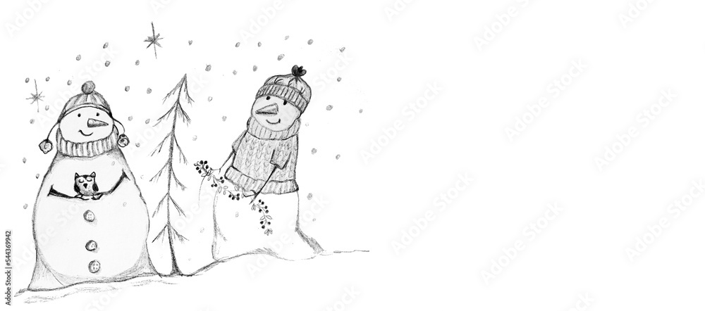 Obraz premium Banner con coppia di pupazzi di neve con gufo e agrifoglio, illustrazione isolata su sfondo bianco