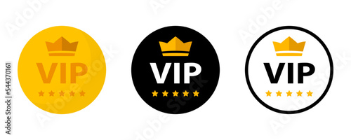 Vip label, badge or tag. Vip icons with crown and stars. Round label with three vip level in gold, silver and bronze color. Modern vector illustration