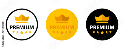 Premium quality label. Best quality flat vector badges. Premium icon with crown and stars. Vector illustration. Round label with three level quality. Vip icon in flat style