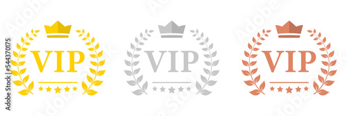 Vip label, badge or tag. Vip icons with crown and stars. Round label with three vip level in gold, silver and bronze color. Modern vector illustration