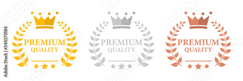 Premium quality label. Best quality flat vector badges. Premium icon with crown and stars. Vector illustration. Round label with three level quality. Vip icon in flat style
