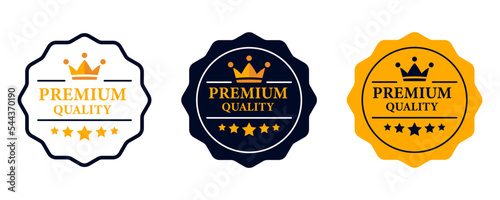 Premium quality label. Best quality flat vector badges. Premium icon with crown and stars. Vector illustration. Round label with three level quality. Vip icon in flat style