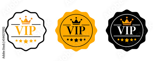 Vip label, badge or tag. Vip icons with crown and stars. Round label with three vip level in gold, silver and bronze color. Modern vector illustration