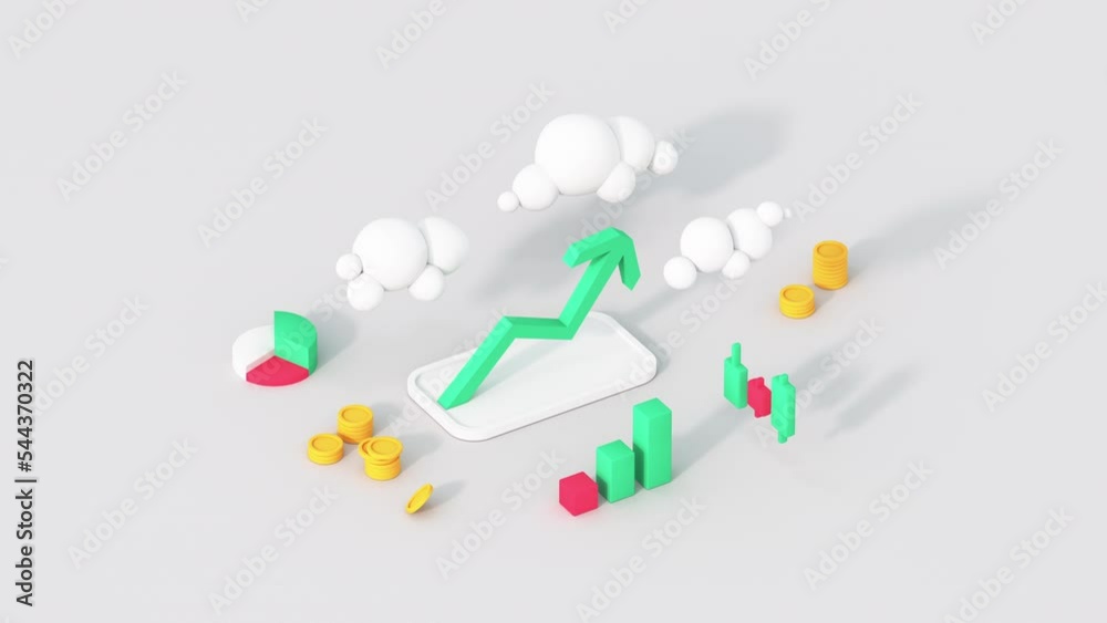 Financial success concept. Minimal cartoon style isometric 3D render animation Financial success concept. Minimal cartoon style isometric 3D render animation