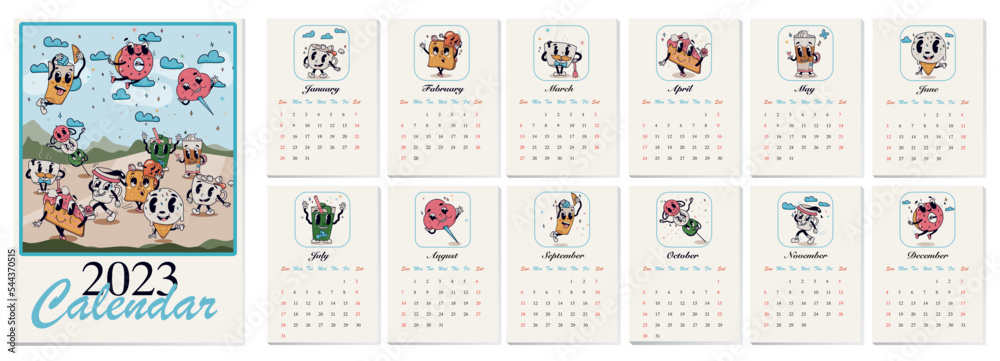 Wall monthly retro cartoon calendar for 2023. 12 months templates. Week starts from Sunday. 2023 Calendar illustrated with retro cartoon characters. Simple monthly vertical calendar