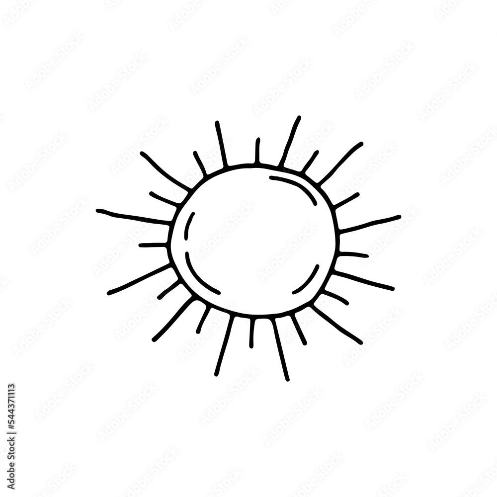 Summer sun, hot, shining. Sweet sunshine on a summer day. Doodle. Hand drawn. Vector illustration. Outline. 