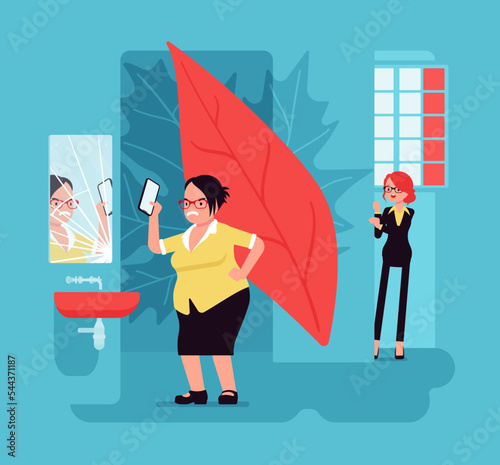 Female emotional stress, feminine health crisis. Woman breaking mirror with phone, feeling bad in painful menses, hormones, blood pressure, pain. Vector creative vibrant botanical illustration