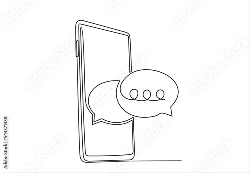 Continuous one line drawing of a chat messages on smartphone. Chat on mobile. send message and text with speech bubble, flat illustration vector of cell phone conversation in doodle style