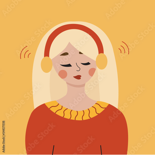 Vintage retro style illustration of a woman in asmr earphones meditating and listening music.