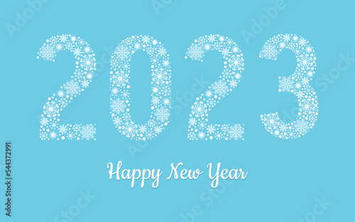 Happy New Year 2023 number made from snowflakes on blue background