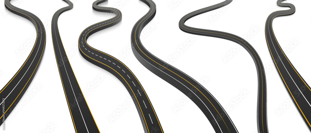 Bending roads and high ways with shadows. Vector volumetric roads illustration. Realistic vector