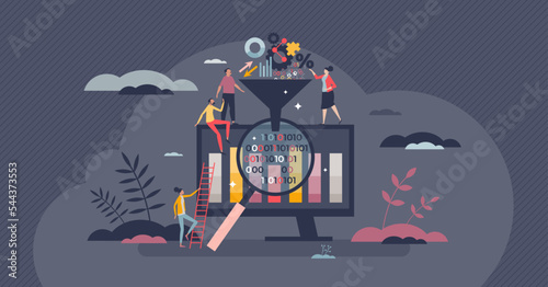 Business data filtering and funnel with information tiny person concept. Company file management with sorting, arrangement and effective optimization vector illustration. Systematic document filter.