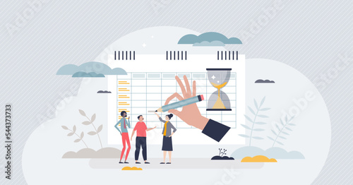 Timesheets and time schedule for personell work hours tiny person concept. Monthly, weekly or annual period calendar with meeting planning and project organization information vector illustration. photo