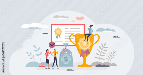 Incentive and financial stimulus for better work performance tiny person concept. Best employee award motivation with encouragement benefits as prize vector illustration. Additional bonus attraction.