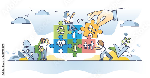 SDG or sustainable development goals for business strategy outline concept. Environmental responsibility for company or organization vector illustration. Combination puzzle of social problem solving.