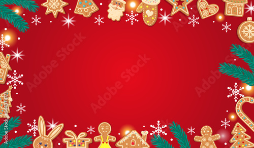 Horizontal red Christmas gingerbread background. Xmas design with winter cookies, fir branches, snowflakes, snow and lights. Empty space for your text. Template for cards, banner, poster, invitation.