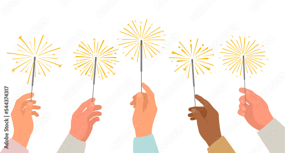 Sparklers in human hands. Friends celebrating with burning sparklers in hands. Celebration of New Year, birthday, Christmas. Vector illustration isolated on white background.