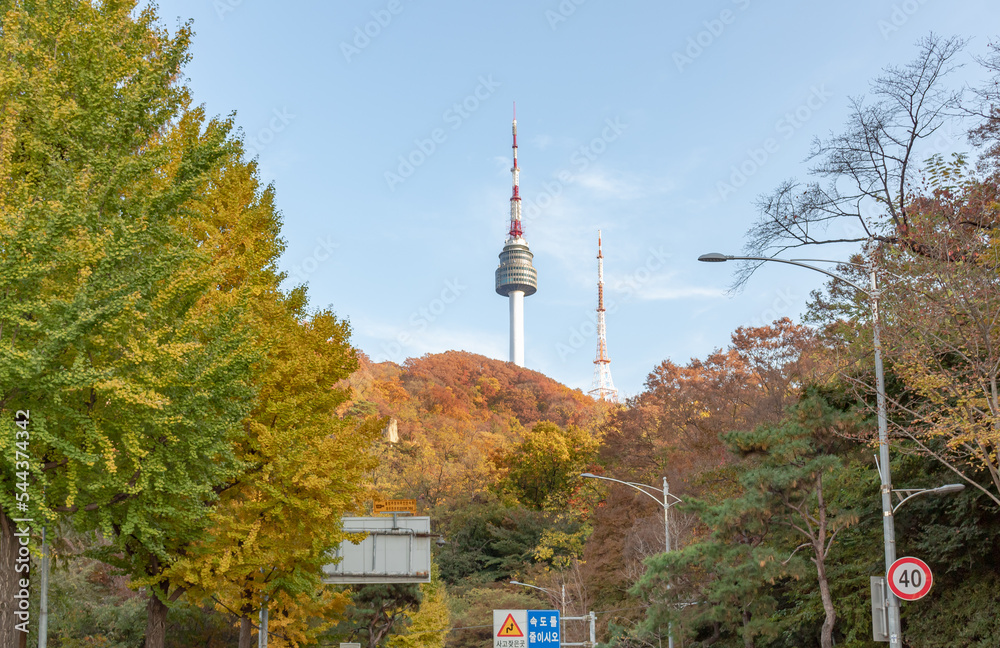 Obraz premium Colorful fall autumn foliage trees and iconic Namsan Seoul tower building view on the mountains in Seoul South Korea