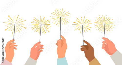 Sparklers in human hands. Friends celebrating with burning sparklers in hands. Celebration of New Year, birthday, Christmas. Vector illustration isolated on white background.