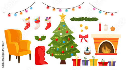 Big of Christmas set of decorative elements for postcards, banners, website, invitations. New Yaer Tree, Fireplace, armchair, socks, garland, gift. Vector flat illustration