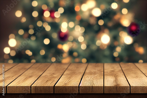 Christmas and New year background with empty table in front of christmas tree and blurred light bokeh. 3d illustration.