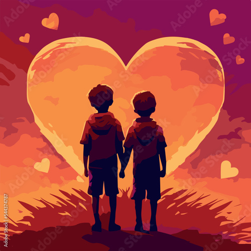 Two brothers. Brotherhood love. Big and young brother love holding hands. Vector illustration of two friends. Symbol of unity. Family love isolated. Vector art of two children embrace. Cute happiness.