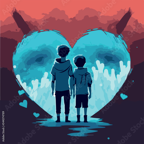 Two brothers. Brotherhood love. Big and young brother love holding hands. Vector illustration of two friends. Symbol of unity. Family love isolated. Vector art of two children embrace. Cute happiness.