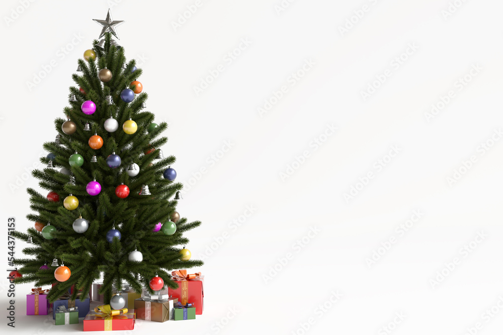 Merry Christmas concept, white background. Balls and bells hanging from tree branches, gift wrapping on the floor. Winter holiday card decorations, copy space above top view. 3D rendering