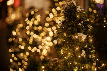 Stylish christmas tree with lights and snowy branches in evening. Modern christmas decor in city street. Atmospheric winter holidays in Europe. Merry Christmas and Happy Holidays!