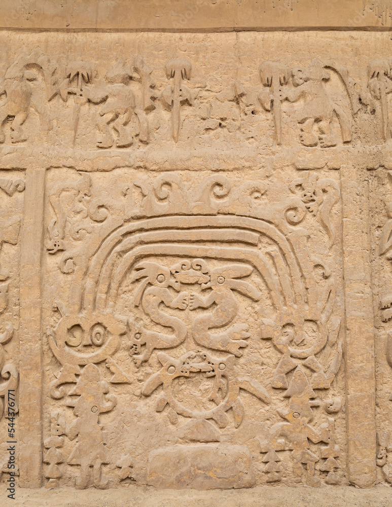 Relief of the dragons under the rainbow (Chimu culture), Huaca el Dragon (Pyramid of the Dragon) or Huaca del Arco Iris (Pyramid of the Rainbow), Trujillo, Peru