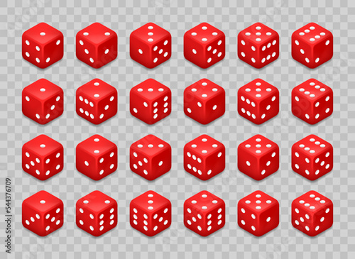 Red gambling dice combinations. Realistic dice vector collection.