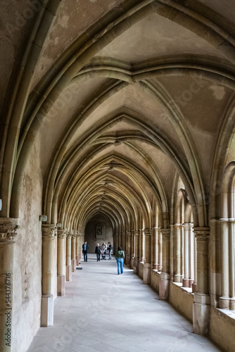 Nice view of the Gothic cloister corridor built between 1245 and 1270  connecting the famous Trier Cathedral to the Liebfrauenkirche  Church of Our Lady  in Trier  Germany.