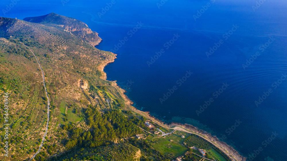 Aerial view at sunset on the island of Favignana. It's an Italian island belonging to the archipelago of the Aegadian islands, in Sicily, Italy.