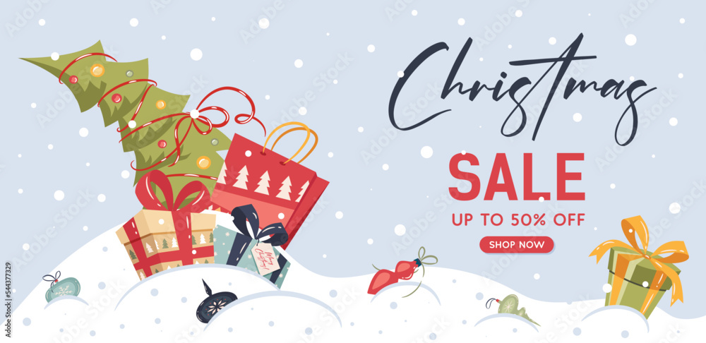 Christmas season sale banner design. Hand drawn winter ornament with gift box