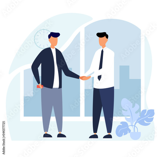 Successful team communication, good negotiations and partnership deal, discussion future work, achieve business agreement. Businessmen handshake